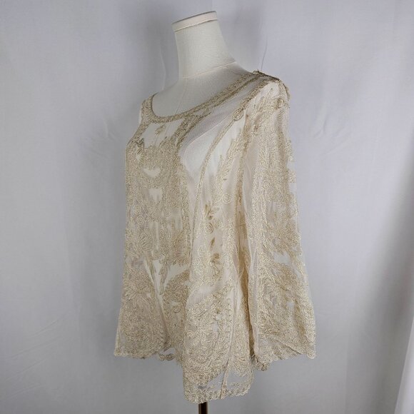 Banana USA Gold Lace Top Medium Sheer Crochet Boho Tunic Layer - Picture 5 of 8